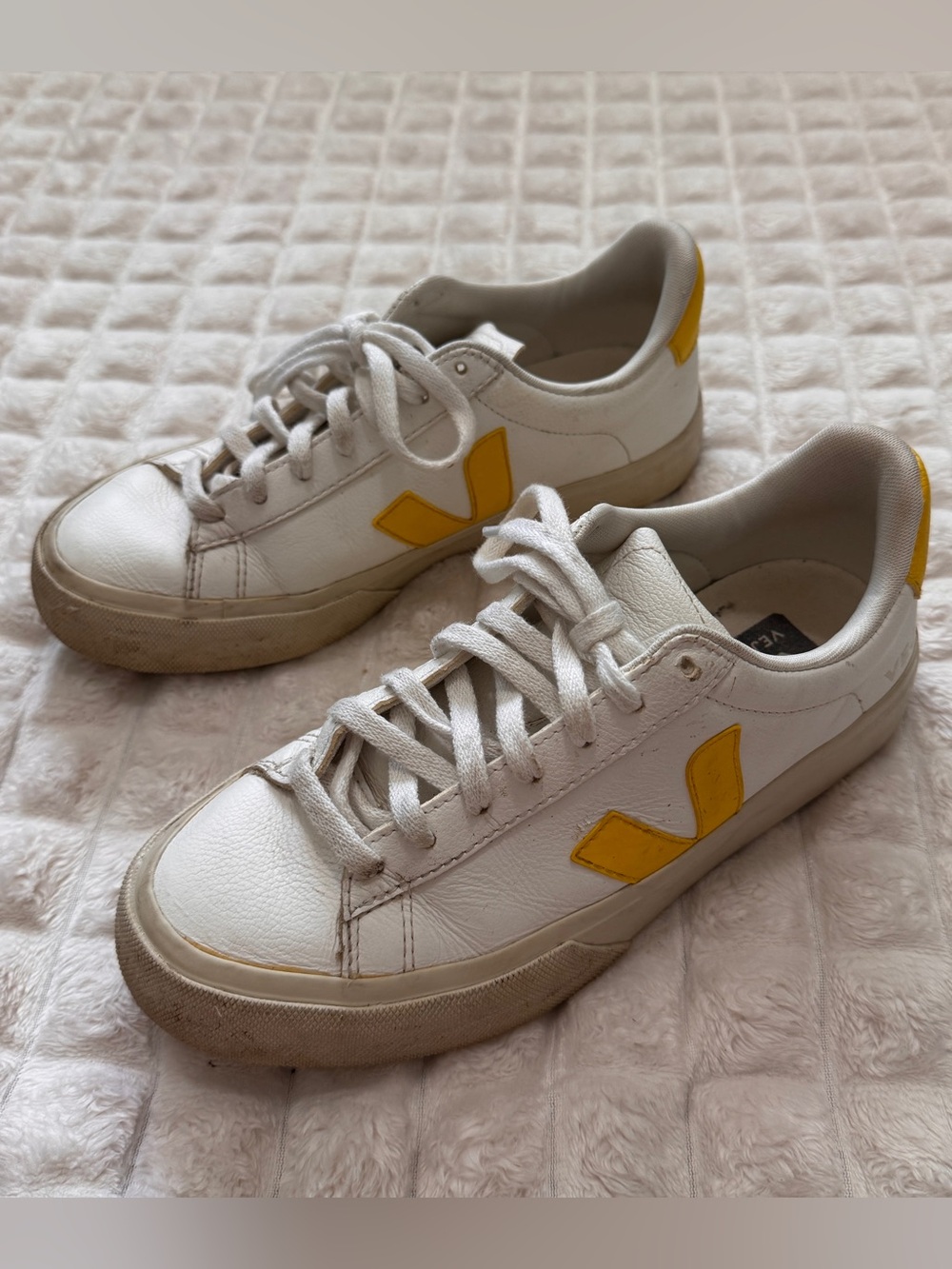 Veja 7 V-10 White Leather w/ Yellow Low Top Lace Up Sneakers Shoes